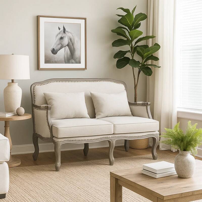 Warn 56 Inch Classic Sofa, Nailhead Trim, Box Cushion, Fabric, Cream, Brown