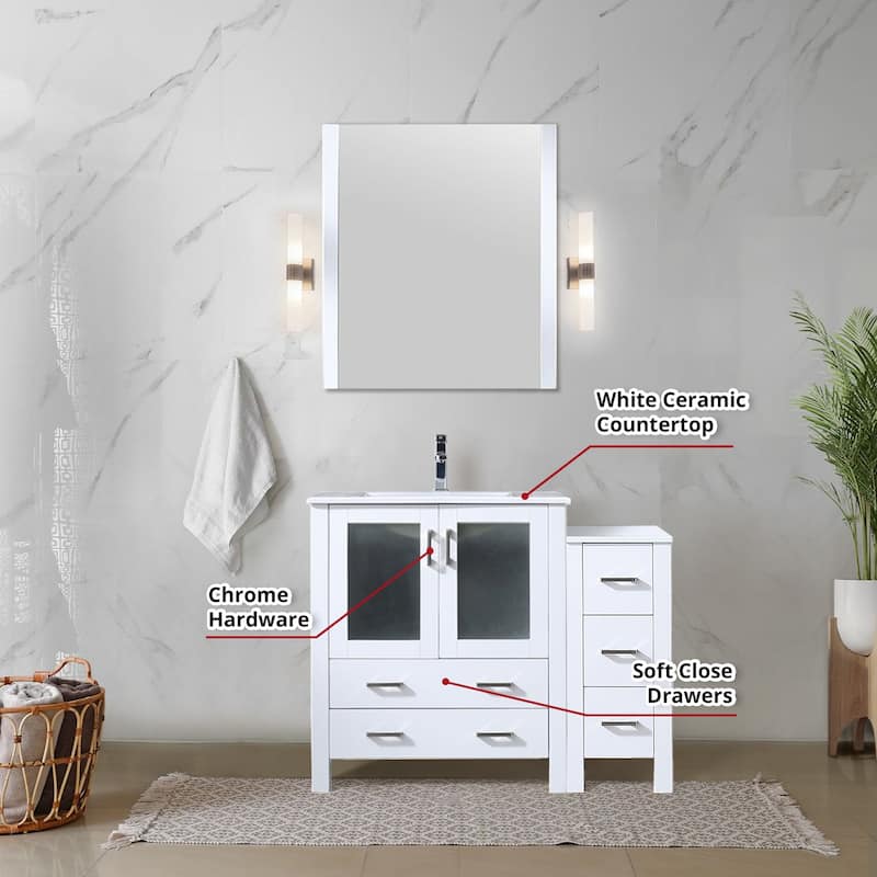 Lexora Volez 42 Inch Bathroom Vanity Cabinet in White with Top and Mirror