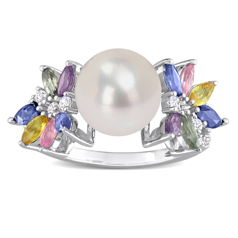 Miadora 9-9.5mm Cultured Freshwater Pearl 1 3/4ct TGW Multi Sapphire 1/8ct TW Diamond Flower Ring in 14k White Gold