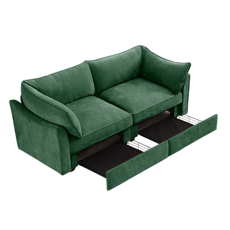 2 Seater Sofa With Pull out Storage Drawers Under Each Seat, Crescent-shaped Armrests And Wraparound