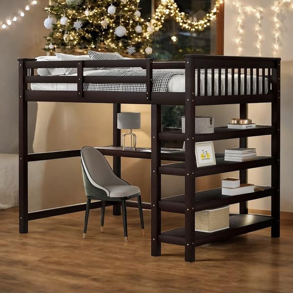 slide 2 of 16, Industrial Modern Full Size Loft Bed with Storage Shelves and Under-bed Desk, Sturdy Construction & Safety Guaranteed, Black Black