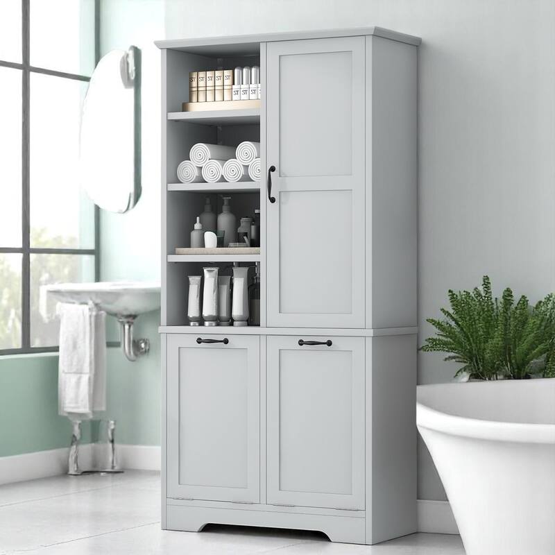Bathroom Storage Cabinet with Tilt-Out Laundry Hampers, Adjustable Shelves & Door, Freestanding MDF Organizer - Grey