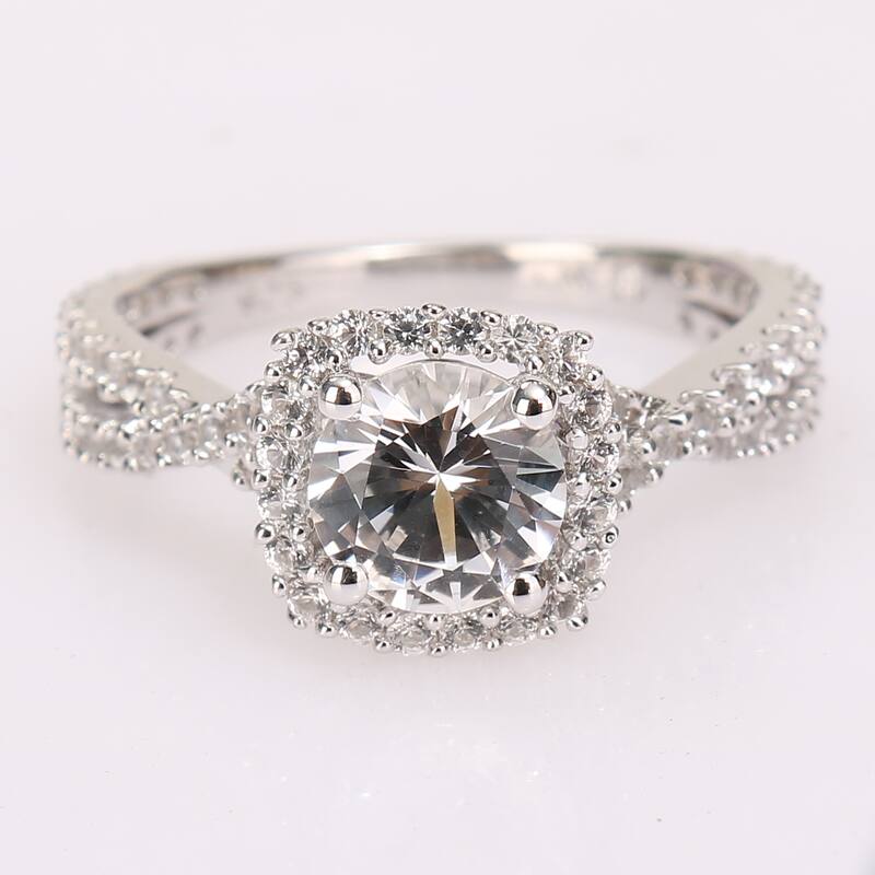 Miadora Sterling Silver Created White Sapphire Split Shank Halo Engagement Ring