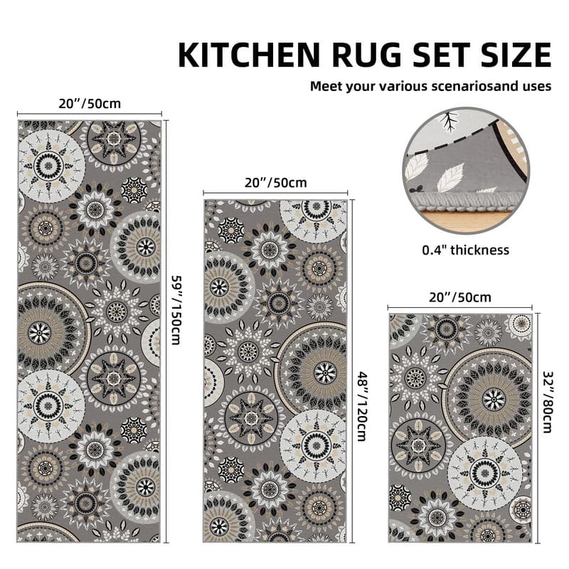 Boho Kitchen Rugs Non-Slip Washable Farmhouse Kitchen Mat 3 Piece Set - 20"x32"+20"x48"+20"x59"