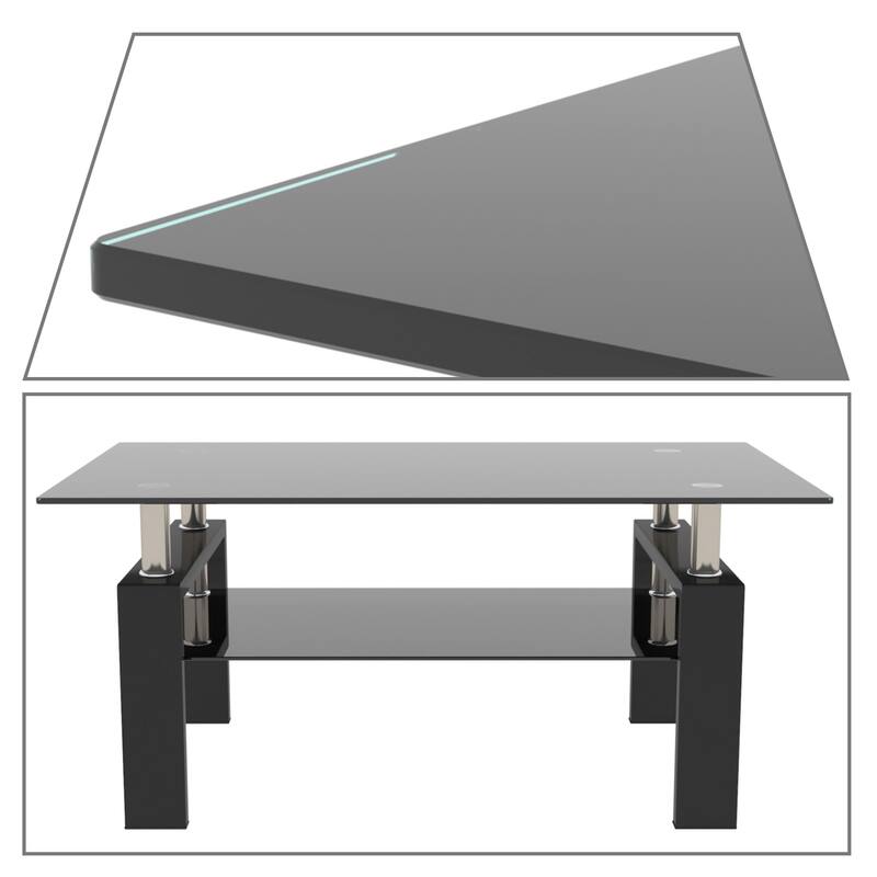 Modern Minimalist Rectangular Coffee Table with Glass Top and Bottom Shelf
