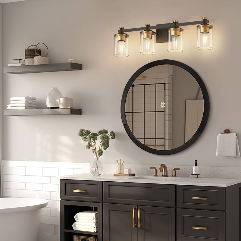 YANSUN 27.6 in. 4-Light Black and Gold Vanity Lighting with Round Transparent Glass Shades for Modern Spaces