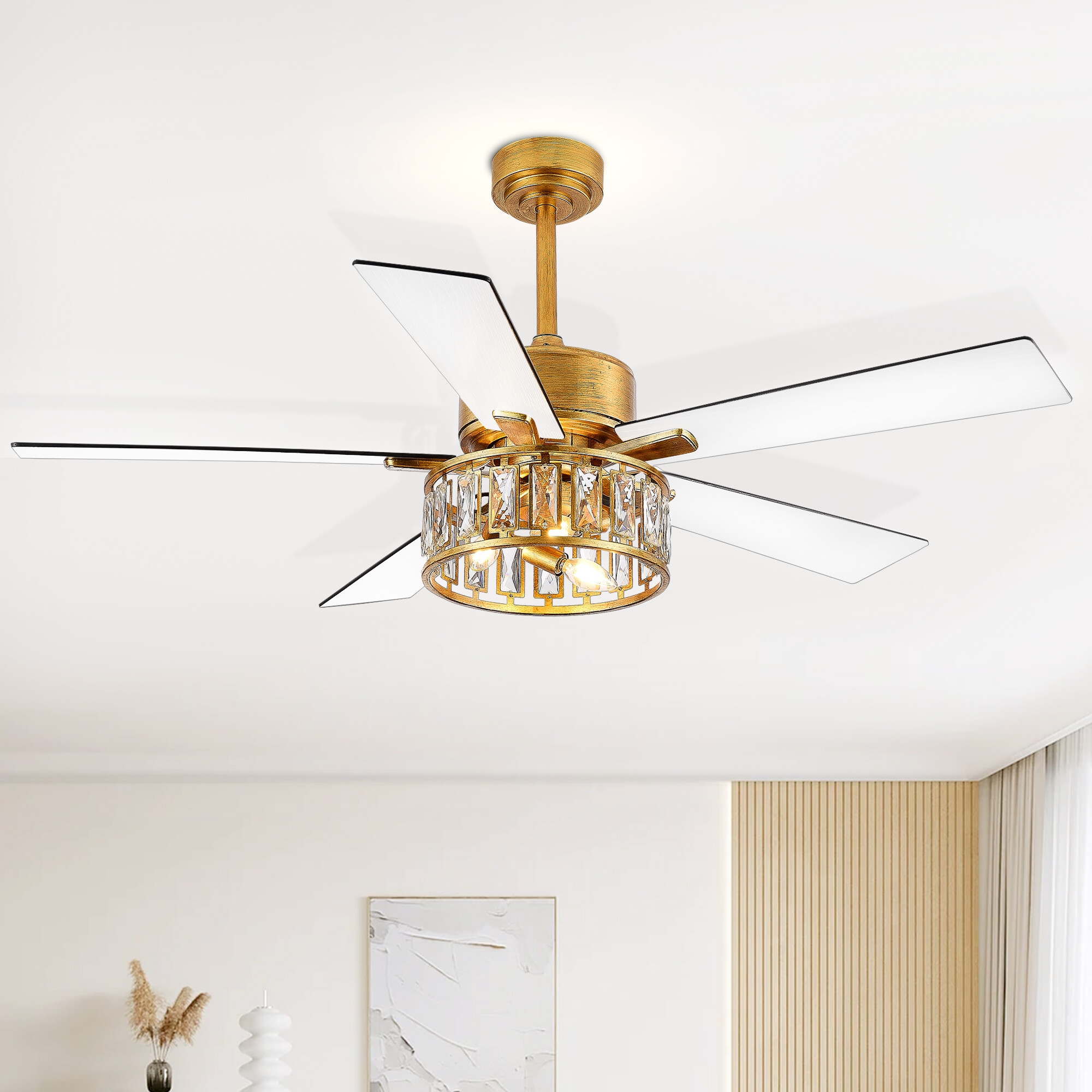 52 5 Blade White and Vintage Gold Ceiling Fans with Light Remote Control 52 Inch
