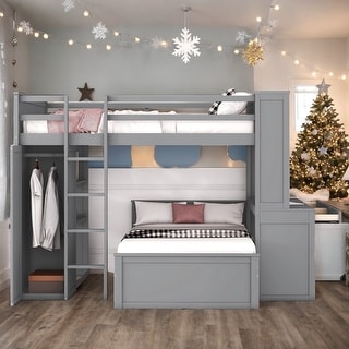 Modern Full size Loft Bed With Twin Size Stand-alone Bed,Shelves,Desk And Wardrobe,Versatile Use