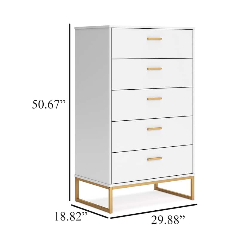 Alli Tall Dresser Chest, 5 Drawers, Matte White, Gold Metal, 51 Inch