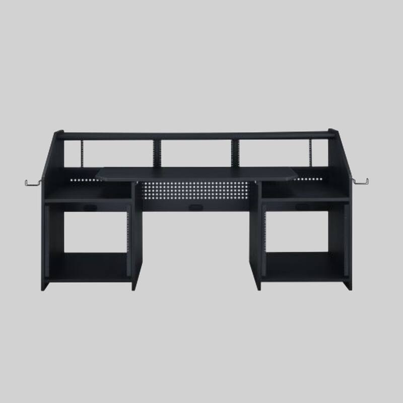 71-Inch Music Desk with Earphone Rack, 6 Adjustable Shelves, MDF & Metal Construction - Black