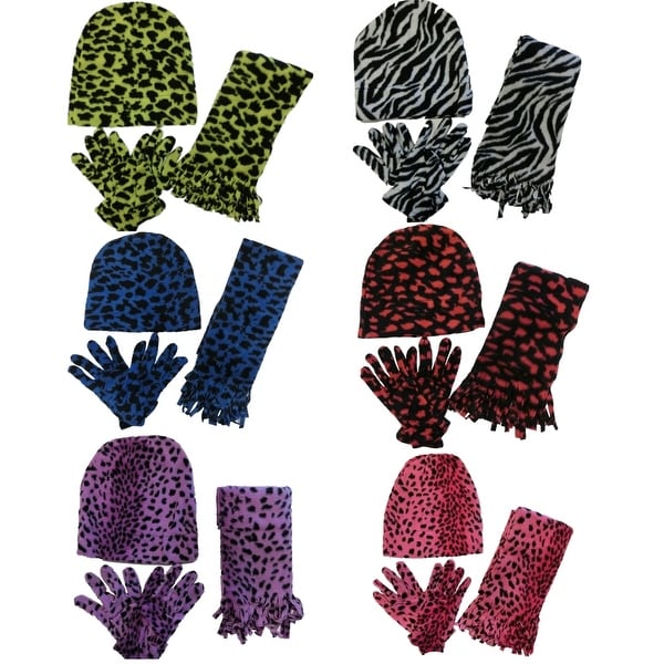 Women 6 Pack Cheetah Print Winter Glove, Beanie, Scarf Set - One Size