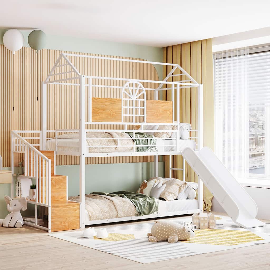 Twin Metal House Bunk Bed with Slide