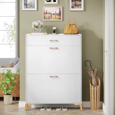 Freestanding Shoe Cabinet for Entryway, with 2 Flip Doors and Drawer - 32'W x 10''D x 43''H