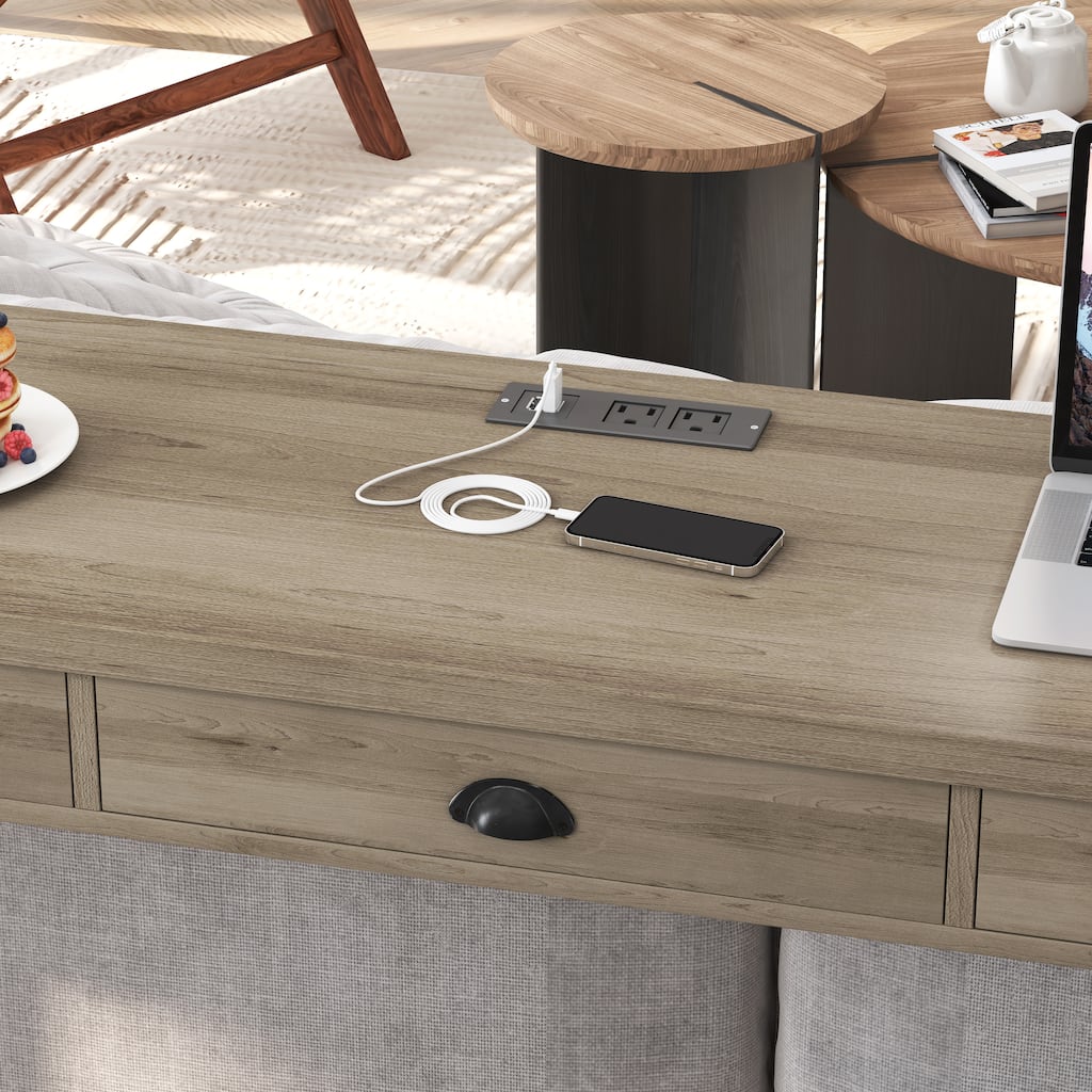 3-Drawer Long Dining Table Set with Power Outlets