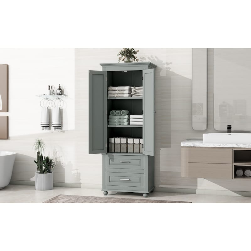 Floor Standing Bathroom Cabinet 62.50" H Wooden Bathroom Cabinet with 2 Drawers 2 Door Vertical Bathroom Organizer Cabinet