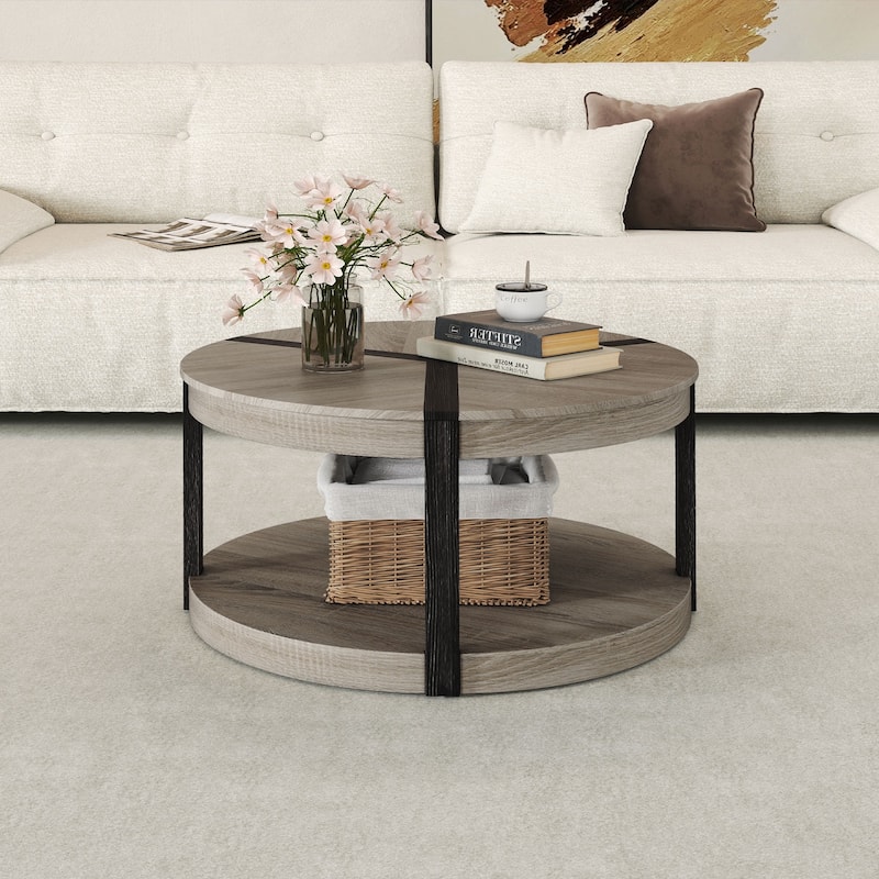 34.5" Rubber Wood 2-Tier Round Center Table with Spacious Tabletop and Storage Shelf-Gray - Multi - Multi