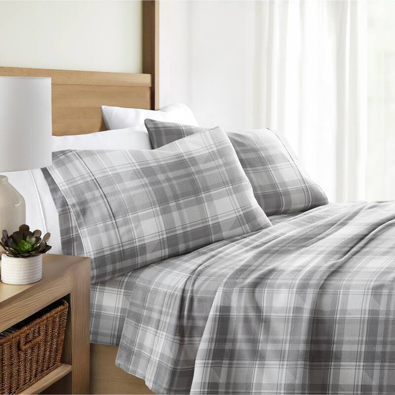 Becky Cameron Plaid 4 Piece 100% Cotton Brushed Flannel Deep Pocket Bed Sheet Set