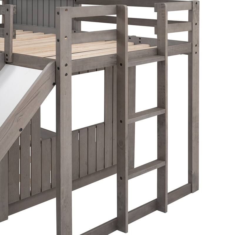 Twin Over Twin Loft Bunk Bed Playhouse Bedframe with Slide and Roof
