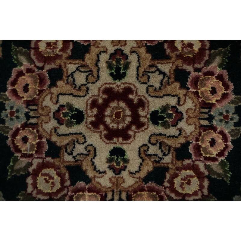 Hand Knotted Oriental Wool & Silk Carpet Traditional Floral Green Kashan Runner Rug - 10' 1'' X 2' 3''