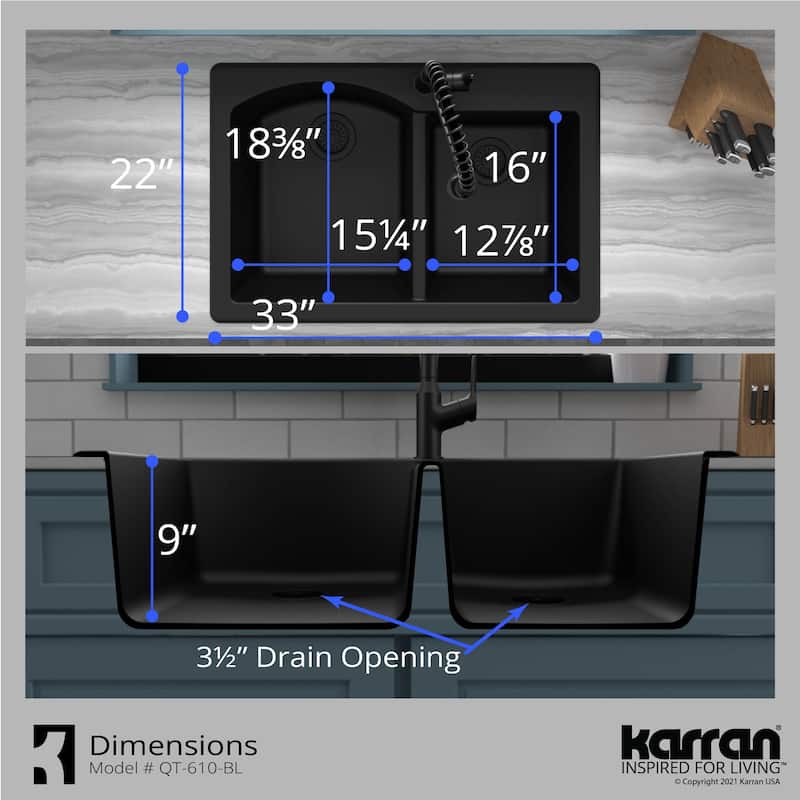 Top Mount 33-inch Large/Small Bowl Quartz Kitchen Sink - 33" x 22" x 9"