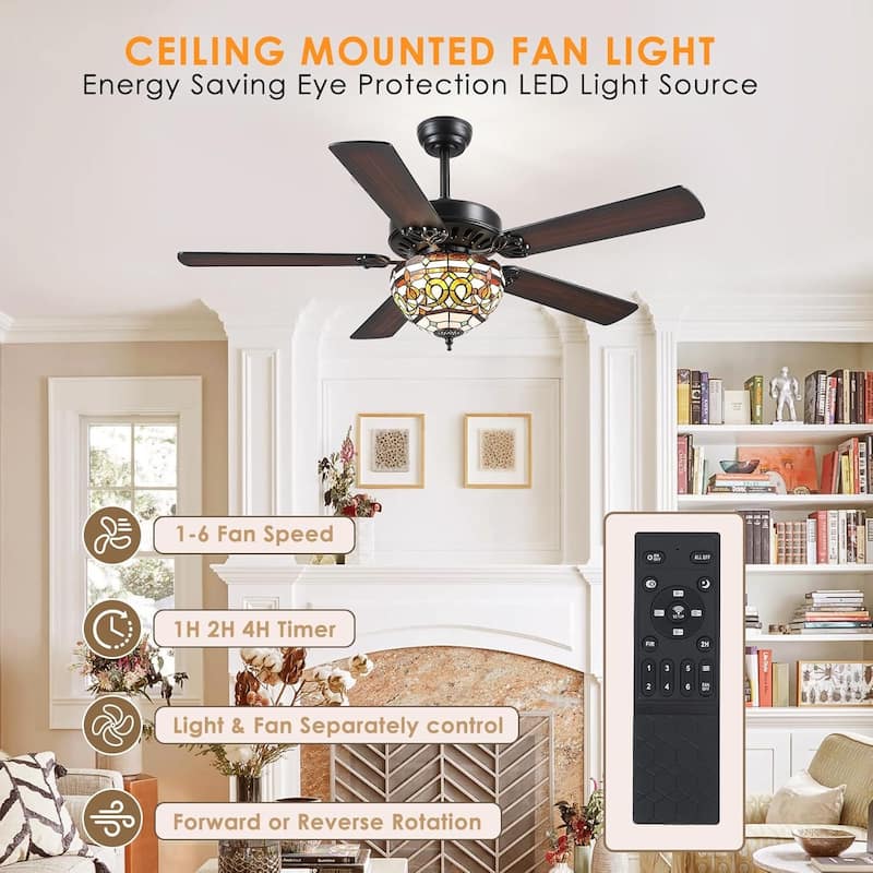 50" TiffanyTropical Ceiling Fan with 5 Palm Leaf Bllades and Vintage Cover Waterproof for Indoor and Outdoor Patio