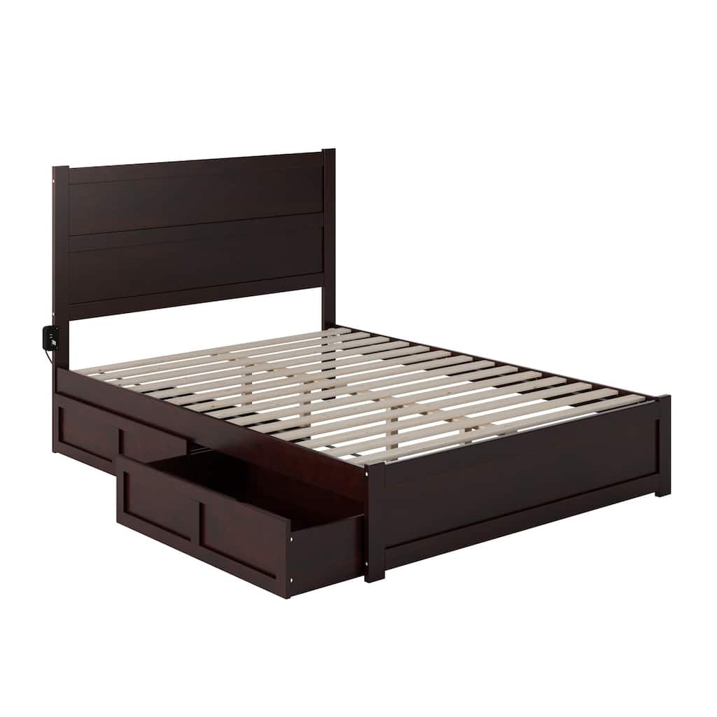 Medieval Queen Bed with Drawers & Charging Station - Solid Wood Platform Bed Frame - Espresso Finish