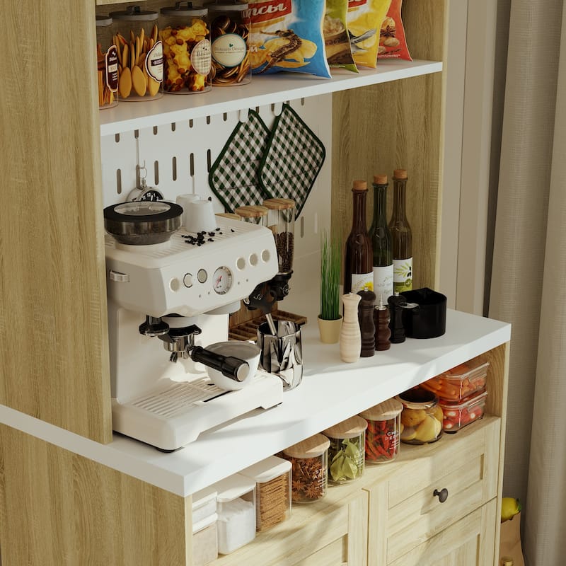 Tall Kitchen Pantry Cabinet Microwave Shelf and Storage Drawers Coffee Bar Cabinet Buffet Hutch Cabinet