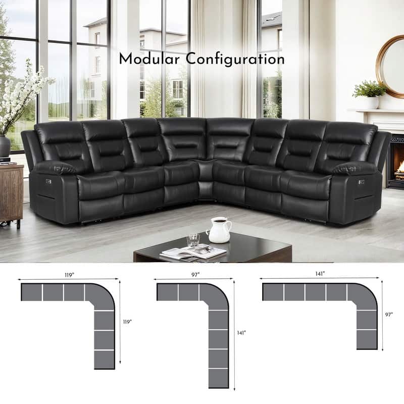 119'' Faux Leather Power Recliner 7-Seat Large Sectional Reclining Sofa with USB Port