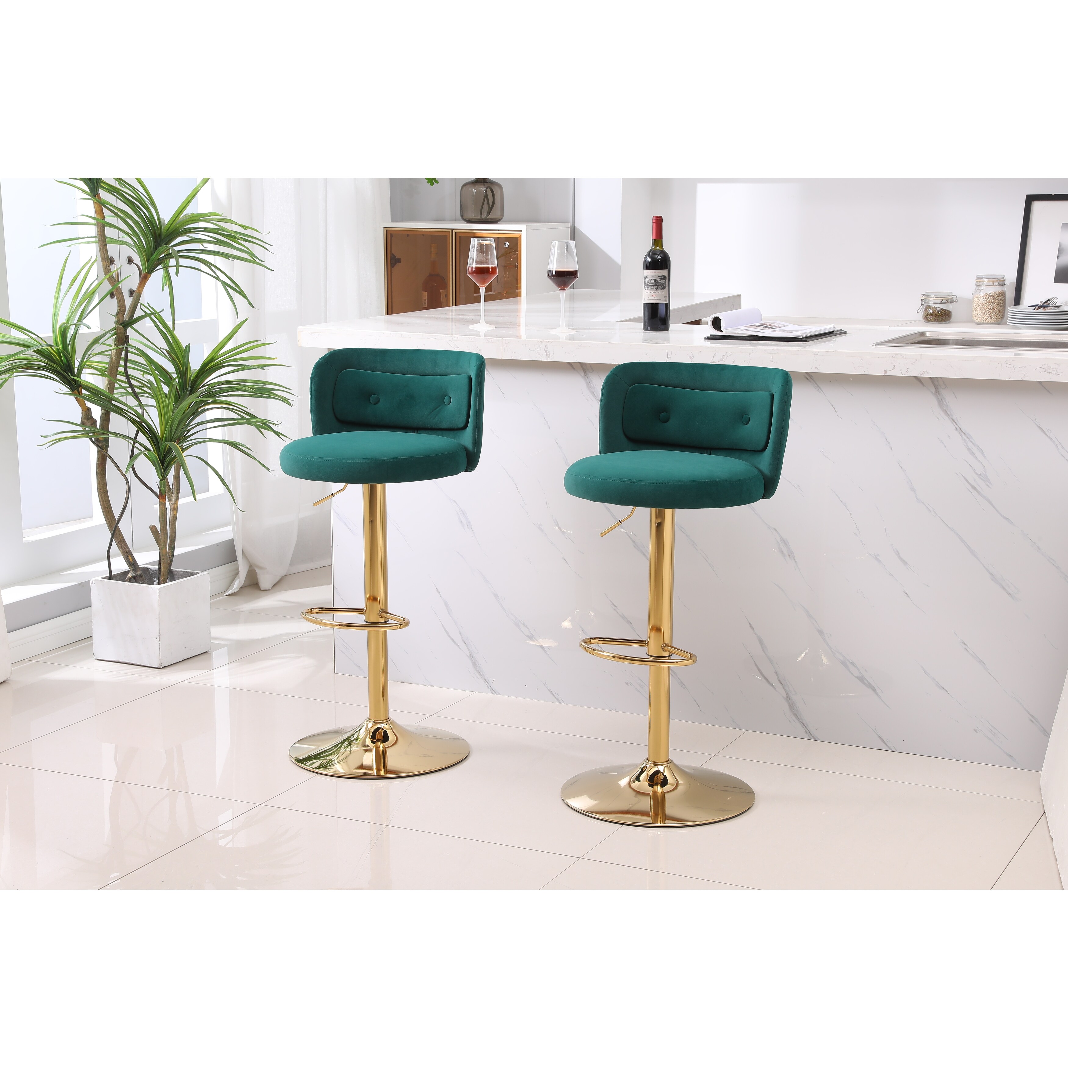 Dark Green 2pcs Tufted Barstools Kitchen Island Bar Stools Swivel