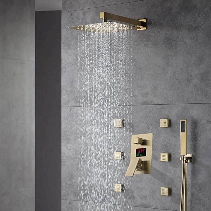 brushed gold wall mounted 12 inch rain head 3 way digital display anti scald shower system - 7'6" x 10'9"