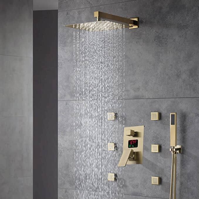 brushed gold wall mounted 12 inch rain head 3 way digital display anti scald shower system - 7'6" x 10'9"