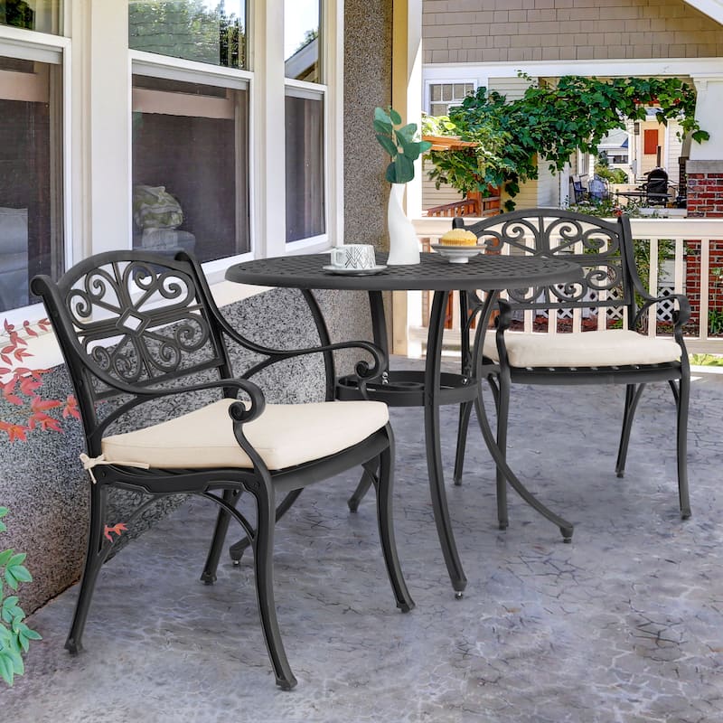 Outdoor Bistro Set of 3 Cast Aluminum Bistro Set with Umbrella Hole - black with gold-painted edge and beige