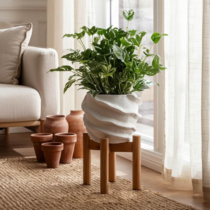 Pottery Planter Sculpted Textured Design Home Garden Decor - 5" White - 7" x 7" x 5.25"
