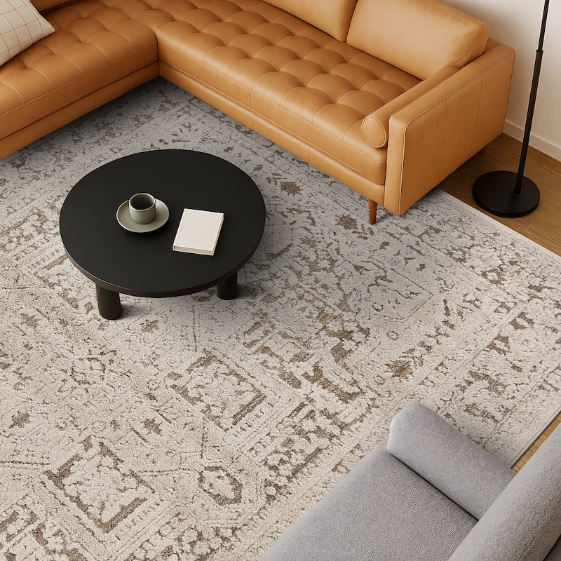 World Rug Gallery Textured Medallion Earth Beige Indoor High-Low Area Rug