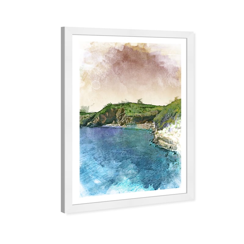 Wynwood Studio 'Cliff Side Paradise' Nautical and Coastal Blue Wall Art Framed Print