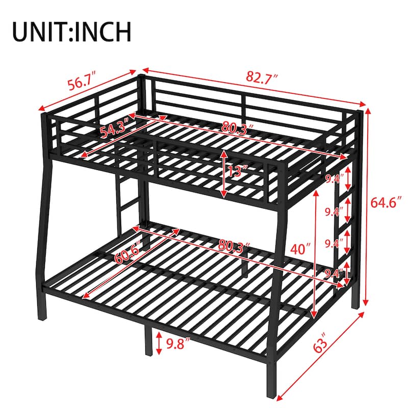 Metal Full XL over Queen Bunk Bed for Teens and Adults