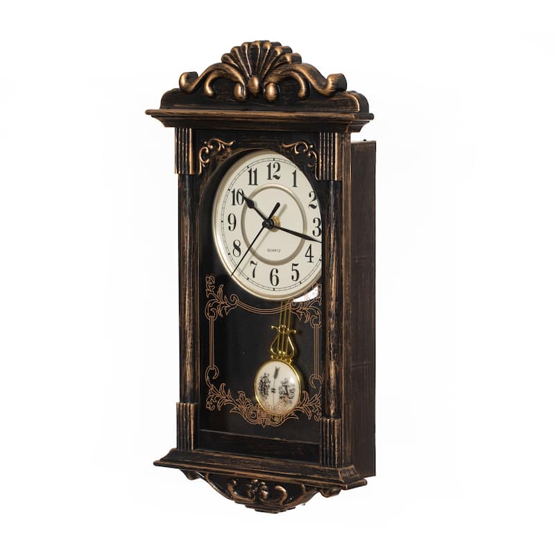Clockswise Vintage Grandfather Wood-Looking Plastic Pendulum Decorative Battery-Operated Wall Clock Brown, for Home Decor