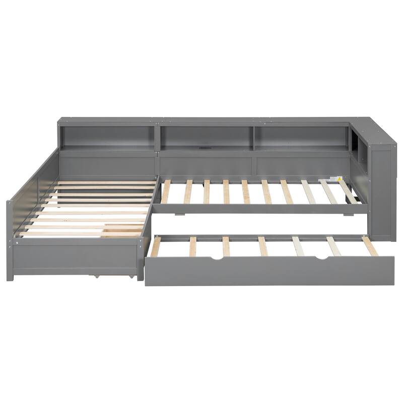 L-Shaped Wooden Twin Bed With Pull-Out Trundle & Built-In Storage Drawer‌