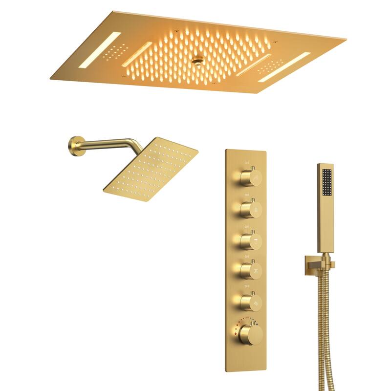 Dual Shower Heads System with 3 Spray Modes 22"*15" Ceiling and 6" Wall Mount Body Jets Handheld Spray LED Music