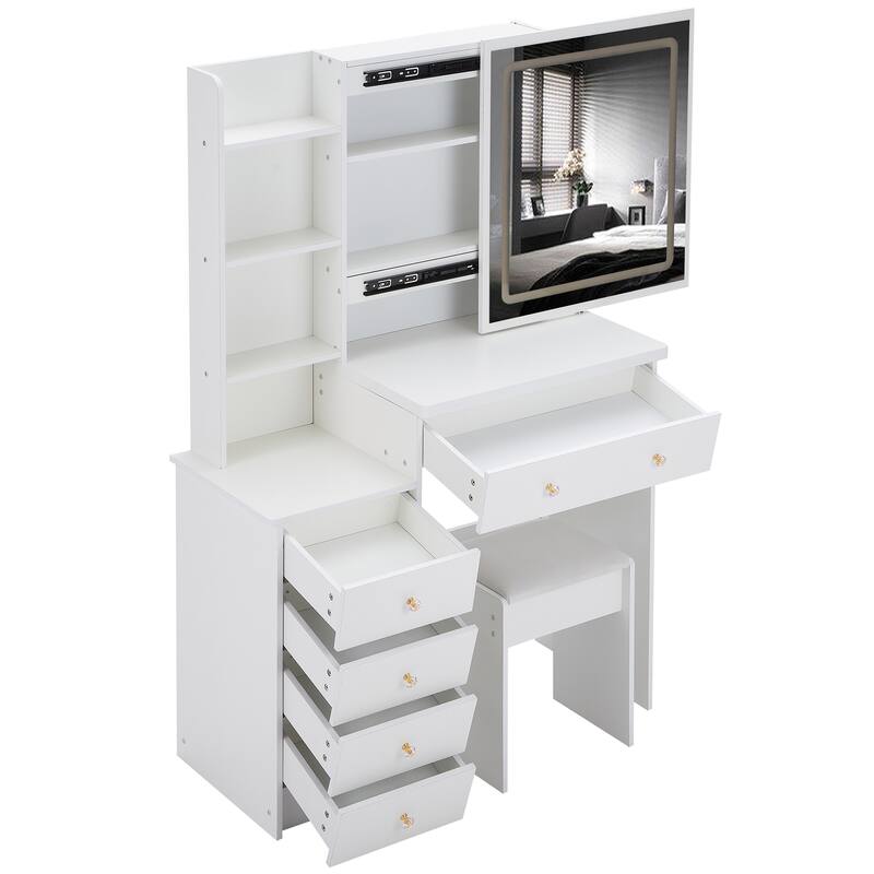37" Middle Size Left Bedside Cabinet Vanity Table + Cushioned Stool Dresser Set, Large Touch Control LED Sliding Mirror