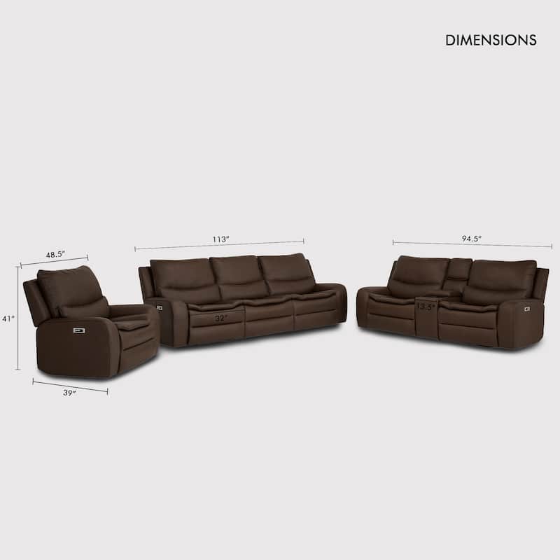 3-Piece Faux Leather Sofa Set with Double Width Seat, Power Recliner, Loveseat & Sofa, Wireless charging and Reading Lamp