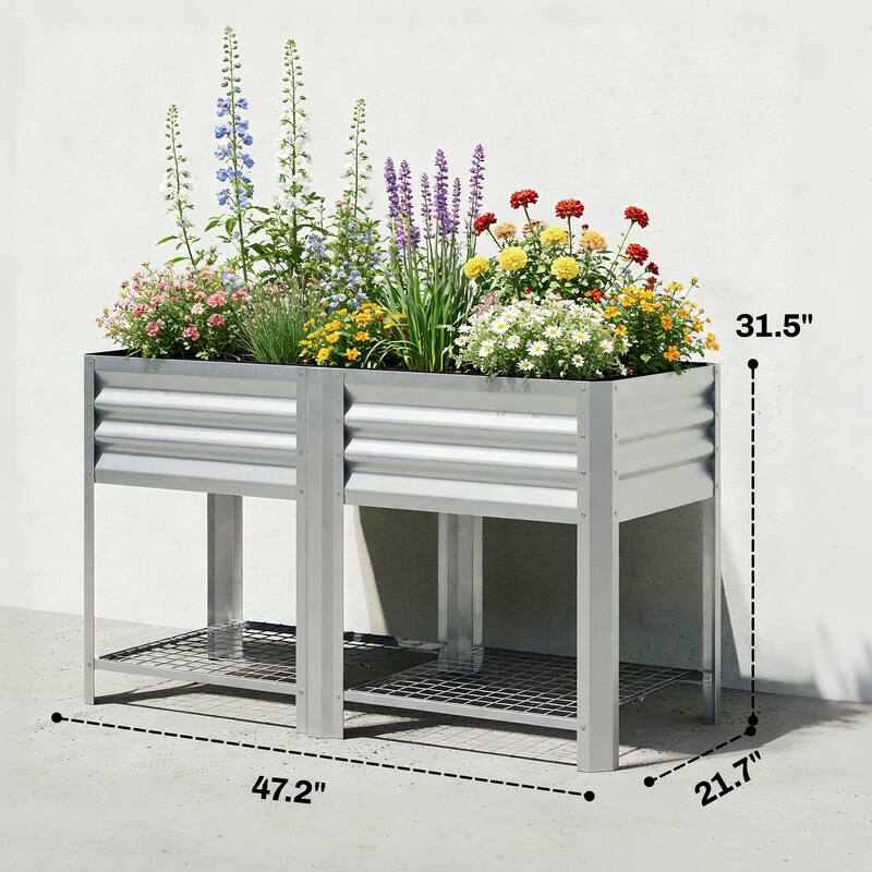 Outsunny Galvanized Steel Raised Garden Bed with Storage Shelf and Bed Liner, Elevated Planter Box with Legs