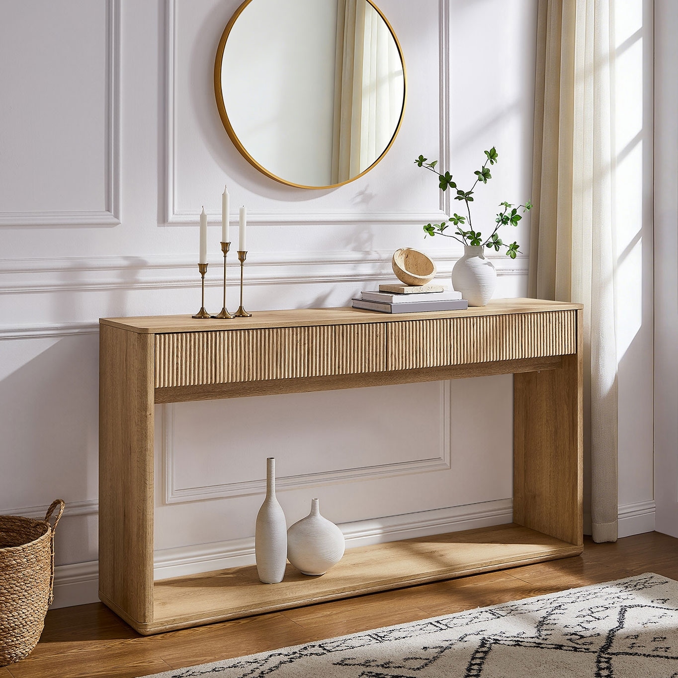 63" Modern Fluted 2 Drawers Entryway Table, Console Table, Sofa Table