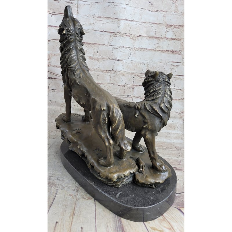 Signed Original Howling Imitative Wolf Bronze Sculpture Marble Base Statue Gift Decor Gift