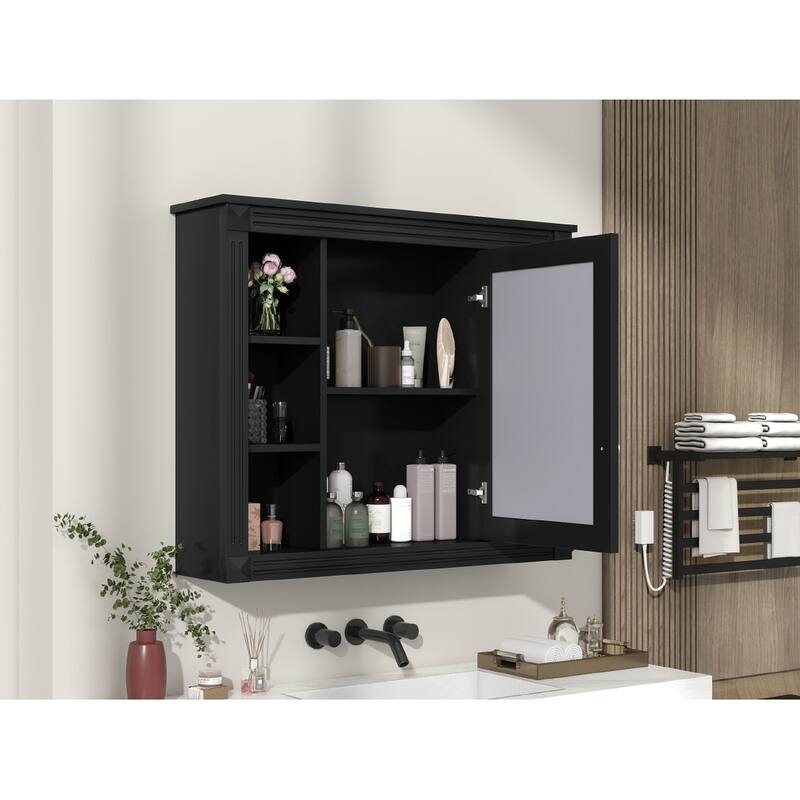 Wall-Mounted Medicine Cabinet with Mirror, Modern Bathroom Storage Cabinet, Adjustable Shelves, Towel Rod, Black