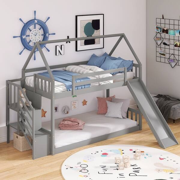 slide 2 of 27, Wooden Modern Twin over Twin House Bunk Bed with Slide and Storage Staircase, Featuring a pitched roof and wall section. Grey