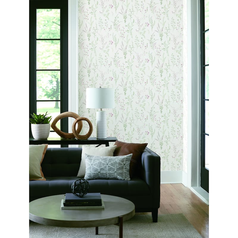 Malibu Wildflower Sprigs Pink/ Green/ Gray Wallpaper - Pink/Green/Gray