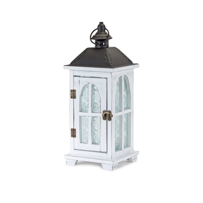 Set of Two White and Black Glass Wood and Metal Ornate Floor Lantern Candle Holders - One Size