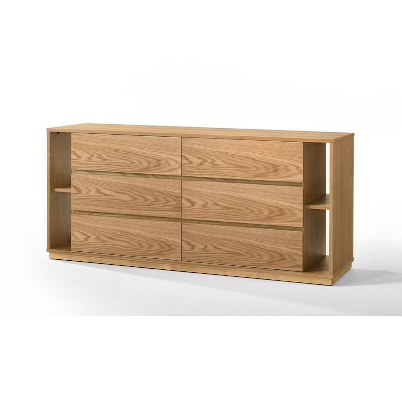 Noe Ruby Wide 6 Drawers Dresser, Natural Oak Brown Rubberwood