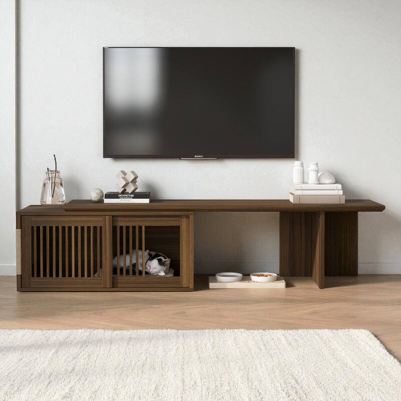 78-110" Extendable Mid-Century TV Stand for TVs up to 100", Walnut Media Console with Cat Scratcher and Storage - Walnut